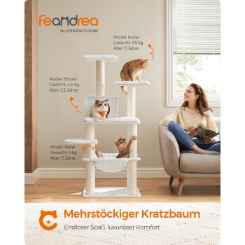 Ein moderner mehrstöckiger Katzenbaum mit drei Katzen: Fiona, Boone und Bebe, mit weißem Finish und deutschem Text über Spaß und Komfort.
