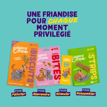 Friandises pour animaux Edgard Cooper : "Bravo Biscuits," "Puppy Bites," "Snuggle Up Bar," et "Strips," avec des utilisations : "Pour Féliciter," "Pour Apprendre," etc.