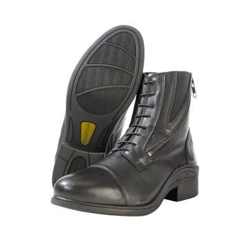 Schwarze Lederreitstiefel mit Schnürung vorne und seitlichem Reißverschluss, mit einer strukturierten Gummisohle.