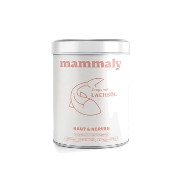 Weiße Dose mit Aufdruck 'mammaly', Lachsillustration und Text 'Drops mit LACHSÖL' und 'HAUT & NERVEN'