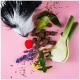 Die Schnauze eines Hundes ist in der Nähe einer Vielzahl von Kräutern, Blumen und dunklen, runden Leckerlis auf einem rosa Hintergrund zu sehen.