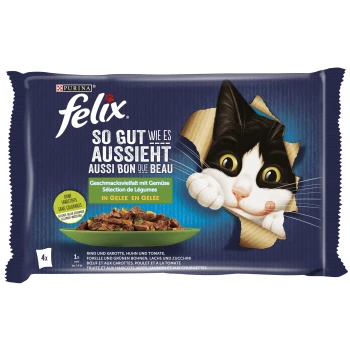 Vielfalt Gemüse Gelee 12x85g Eine verspielte schwarz-weiße Katze schaut durch eine aufgerissene Verpackung für Felix Katzenfutter, mit dem Etikett 'So gut wie es aussieht' und 'in Gelee.'