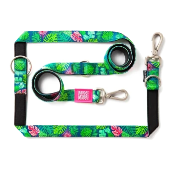 Grün tropisch gemusterte Hundeleinen- und Geschirr-Set mit Metallclips und „Max & Molly Urban Pets“-Etikett.