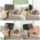 Schritt-für-Schritt-Anleitung für eine selbstreinigende Haustierbürste, mit einer Hand, die die Bürste hält, und einer Katze im Hintergrund.
