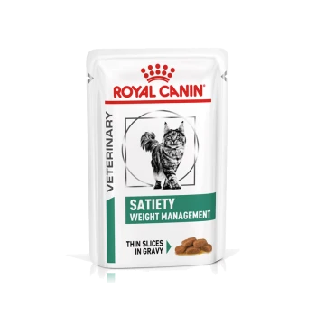 Royal Canin Veterinary Satiety Weight Management Katzenfutterbeutel mit einer grauen getigerten Katze, beschriftet mit "Dünne Scheiben in Soße."