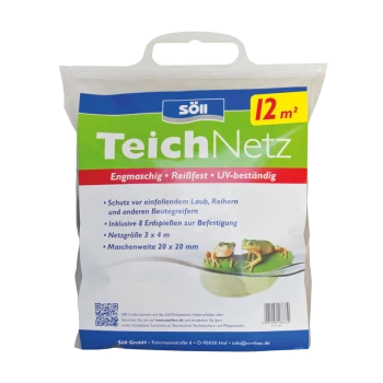 Söll TeichNetz Verpackung, mit einem Schutznetz für Teiche, Abmessungen 3x4m, mit einer Maschenweite von 20x20mm, und enthält 8 Erdnägel.