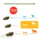 Guide des tailles de friandises à mâcher pour chiens : 1 friandise conseillée/jour ; Petit 7–12 kg, Moyen 12–18 kg, Grand 18–27 kg