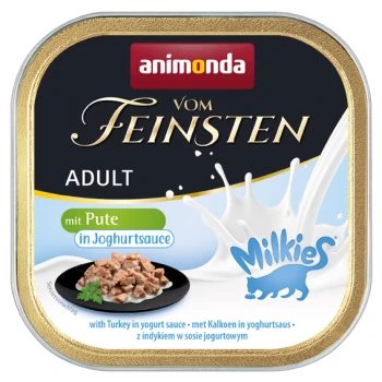 Eine Dose Animonda Vom Feinsten Adult Katzenfutter mit Pute in Joghurtsoße, mit einem cremigen Spritzdesign und dem Milkies-Logo.