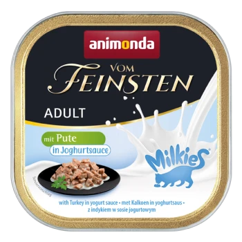 Une boîte de nourriture pour chats Animonda Vom Feinsten Adult avec de la dinde dans une sauce au yaourt, avec un design éclaboussé crémeux et le logo Milkies.