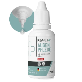 Flasche mit REAVET Augenpflege-Lösung für Haustiere, 20ml, mit Tropfspitze und beschriftet mit "mit kolloidalem Silber" und "25 PPM."