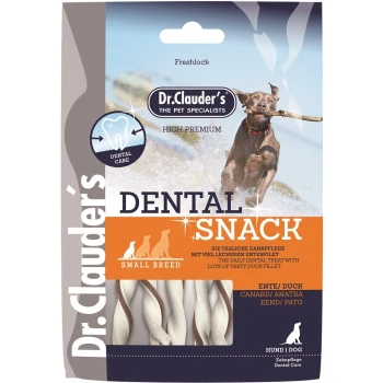 Dental Snack Ente - Small Breed 80g Dr. Clauder's Dental Snack für kleine Hunderassen, mit einem Hund, der im Wasser spielt, und Text, der die Zahnpflege und den Enten-Geschmack hervorhebt.