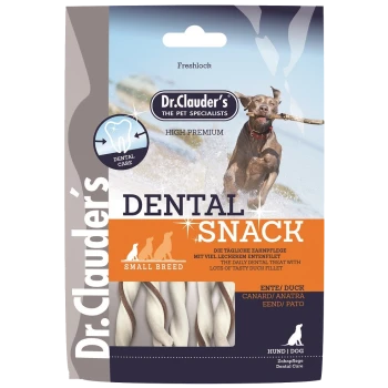 Snack dentaire Dr. Clauder pour les petits chiens, avec un chien jouant dans l'eau, avec un texte mettant en avant les soins dentaires et la saveur de canard.
