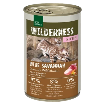 Eine Dose "Wilderness Kitten Wide Savannah" Katzenfutter mit verspielten Kätzchen, 97% Lamm und Wildschwein, 3% Früchte, keine Körner.