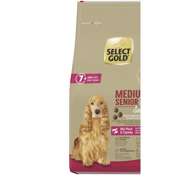 Select Gold Medium Senior Hundefutterbeutel für Hunde ab 7 Jahren, 11-25 kg, sensibel, mit Pferd & Tapioka, getreidefreie Formel.