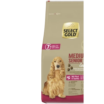 Select Gold Medium Senior Hundefutterbeutel für Hunde ab 7 Jahren, 11-25 kg, sensibel, mit Pferd & Tapioka, getreidefreie Formel.
