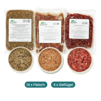 Eingefrorene Haustierfutterpakete, die mit drei Schüsseln verschiedener Fleischsorten präsentiert werden, beschriftet mit "14 x Fleisch" und "4 x Geflügel."