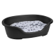 Lit pour animaux de compagnie noir avec un coussin doux à motifs présentant des empreintes de pattes grises et noires.