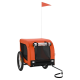 Oranger Haustieranhänger mit einem Netz vorne, zwei Rädern und einer Sicherheitsflagge, konzipiert für den Transport von Haustieren.