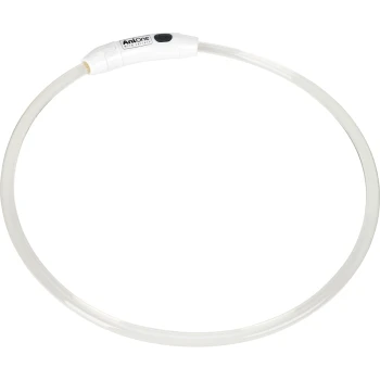 Een witte, ronde huisdierhalsband met een kleine zwarte knop en de merknaam 'AniOne' zichtbaar aan de zijkant.