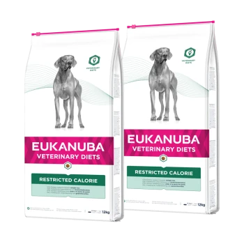 Torby z karmą dla psów Eukanuba Veterinary Diets, oznaczone jako "Restricted Calorie," z sylwetką psa, 12 kg każda.