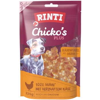 RINTI Chicko's Plus Tüte mit Hundesnacks, gezeichneter Hund und Käse-/Hühnerwürfel, sichtbarer Text 'KÄSEWÜRFEL MIT HUHN', '100% HUHN', 225 g.