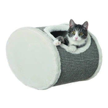 Kuschelhöhle zur Wandmontage Ein gemütliches grau-weißes Katzenbett in Zylinderform, mit einer Katze, die aus der Öffnung schaut.