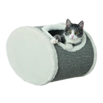 Ein gemütliches grau-weißes Katzenbett in Zylinderform, mit einer Katze, die aus der Öffnung schaut.