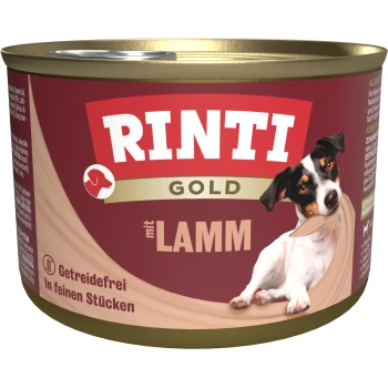 Boîte de nourriture pour chien Rinti Gold présentant un chien joueur avec un os, étiquetée 'mit Lamm' (avec de l'agneau), sans céréales, et en morceaux fins.