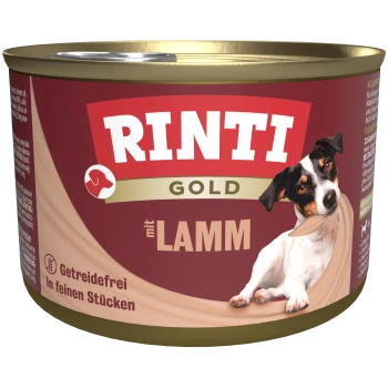 Rinti Gold Hundefutterdose mit einem verspielten Hund mit einem Knochen, beschriftet mit "mit Lamm," getreidefrei und in feinen Stücken.