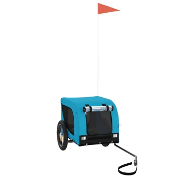Ein blauer Haustieranhänger mit einem Netz vorne, zwei Rädern und einer roten Flagge oben, entworfen für den sicheren Transport von Haustieren.