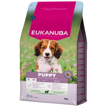 Sac de nourriture pour chiots Eukanuba, haut magenta avec « EUKANUBA », photo d'un chiot, étiquette « PUPPY » et « 3 kg ».