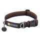 Ein brauner und schwarzer Hundehalsband von Ruffwear, mit einem metallenen D-Ring und einem Anhänger mit einem Glockensymbol, der das Markenlogo zeigt.