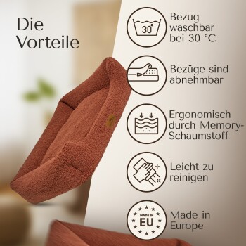 Ein rostfarbener Haustierbett mit strukturiertem Stoff, mit waschbaren Bezügen, ergonomischem Memory-Schaum und einfacher Reinigung. Hergestellt in Europa.