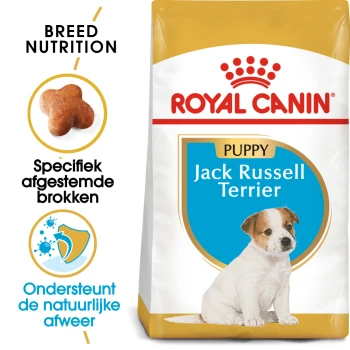 Royal Canin puppyvoer voor Jack Russell Terriers, met ras-specifieke brokjes en claims ter ondersteuning van natuurlijke afweer.