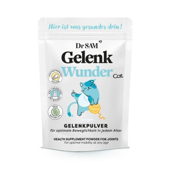 Dr. SAM Gelenk Wunder Katze, ein Nahrungsergänzungsmittel in Pulverform für die Gelenkgesundheit von Katzen, mit einer verspielten blauen Katze mit Garn und Text in Deutsch.