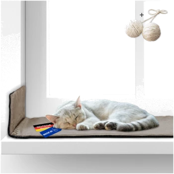 Weiße Katze schläft auf einem beigen Katzenbett am Fenster mit sichtbaren „Deutsche Marke“ und „Made in EU“ Etiketten.