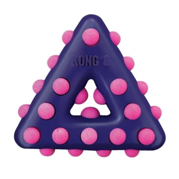 KONG dog toy in a triangular shape, purple with pink rubber spikes, designed for chewing and play.