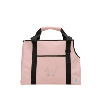 Rosa Haustiertragetasche mit schwarzen Trägern und einem einfachen Hundesilhouetten-Design auf der Vorderseite.
