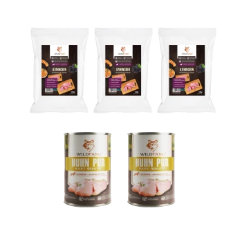 Wildfang Haustierfutterprodukte einschließlich drei 100g Packungen Kaninchenfleisch und zwei Dosen Hähnchen B.A.R.F.-Qualität Hundefutter.