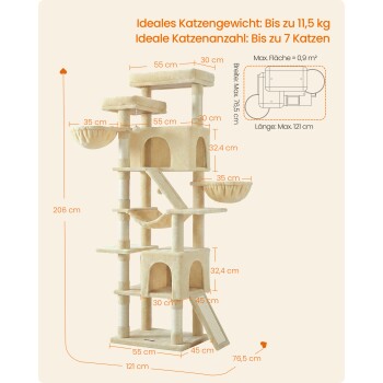 Beiger Katzenturm mit Kuschelnestern und Kratzpfosten, orange Größenetiketten und deutscher Text 'Bis zu 11,5 kg; Bis zu 7 Katzen'.