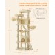 Beiger Katzenturm mit Kuschelnestern und Kratzpfosten, orange Größenetiketten und deutscher Text 'Bis zu 11,5 kg; Bis zu 7 Katzen'.