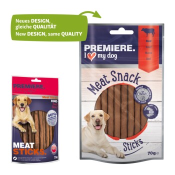 Zwei Hundeleckerli-Pakete: ein rotes Paket mit der Aufschrift 'Premiere Meat Sticks' und ein blaues Paket mit der Aufschrift 'Premiere I Love My Dog', beide 70g.