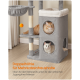 Grauer mehrstöckiger Katzenbaum mit zwei Katzen darin und einem orangefarbenen Spielball, deutscher Text über Doppelhöhle für Mehrkatzenhaushalte.