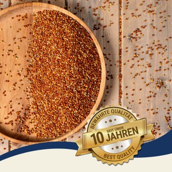 Herzförmige Anordnung kleiner, orangefarbener Samen auf weißem Hintergrund, mit einem goldenen Banner "PREMIUM" in der oberen linken Ecke.