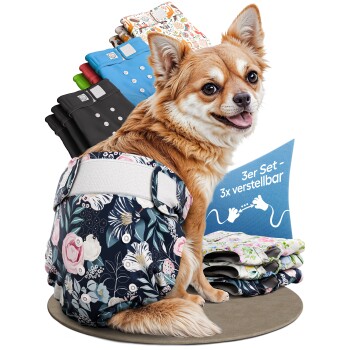 Drei-Pack bunte Haustierwindeln mit floralen Mustern, mit einem Etikett, das "3x JUSTIERBAR DEUTSCHE MARKE" liest.