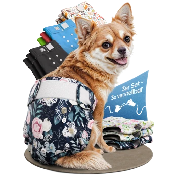 Drei-Pack bunte Haustierwindeln mit floralen Mustern, mit einem Etikett, das "3x JUSTIERBAR DEUTSCHE MARKE" liest.