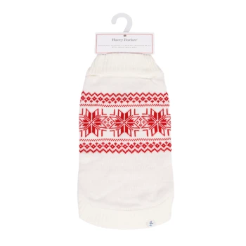 White dog sweater with red snowflake pattern, labeled "Harry Barker," medium size, hanging on a white hook.