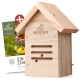 Holzinsektenhaus mit einem geneigten Dach, mit dem Logo 'WILDTIER LIEBE' und Marienkäfern am Eingang, neben einer Produktkarte.