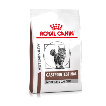 Royal Canin Veterinary Gastrointestinal Moderate Calorie Katzenfutterbeutel mit einem Katzenbild und rotem Kronenlogo.