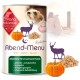 Dosen-Hundefutter mit der Aufschrift "Abend-Menu", das Wildfleisch, Kürbis und Quinoa enthält, mit einem Hundebild, Kürbissen und Getreide auf der Verpackung.